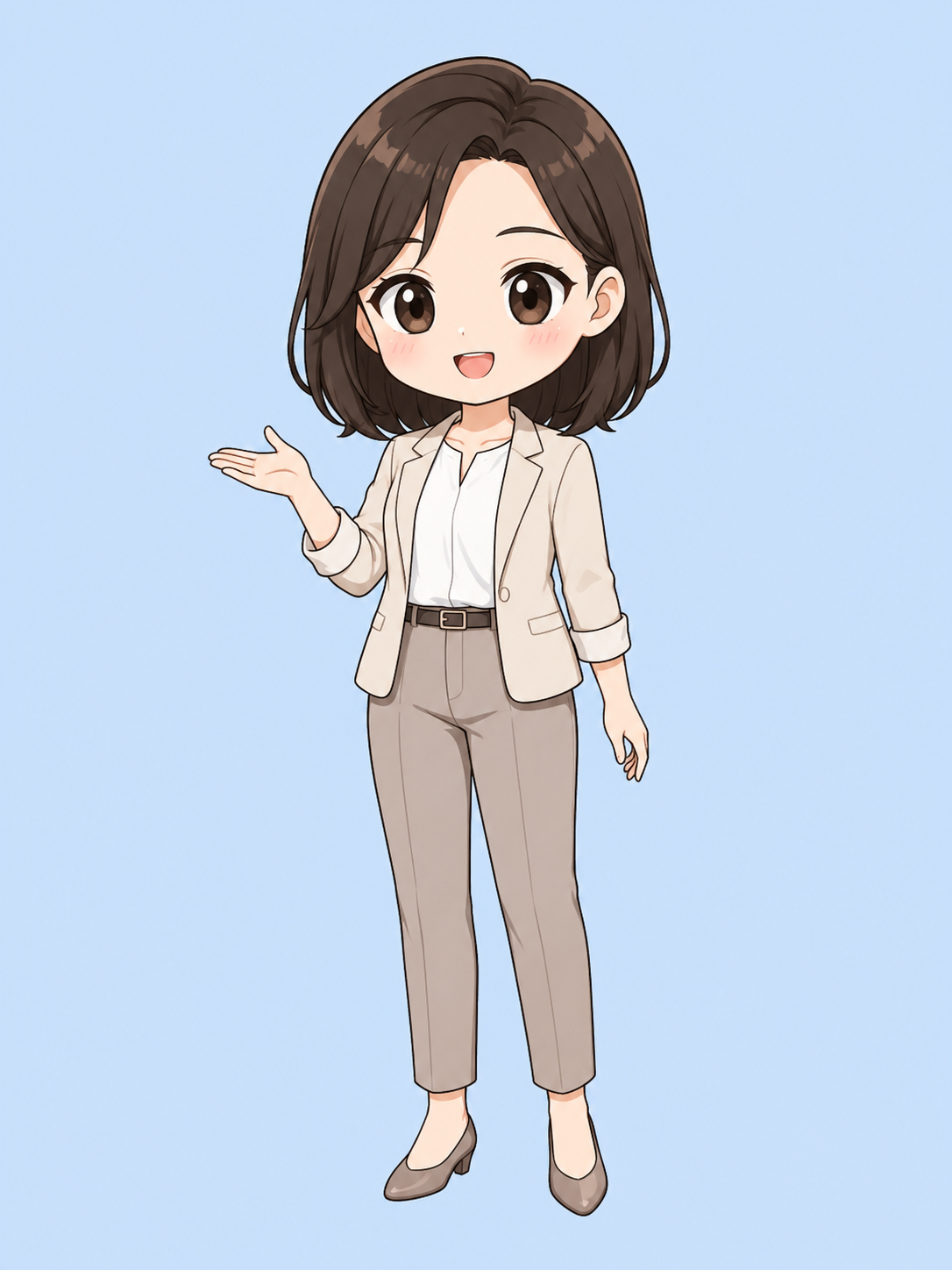 B · 여성 직장인 · 말하며 손짓